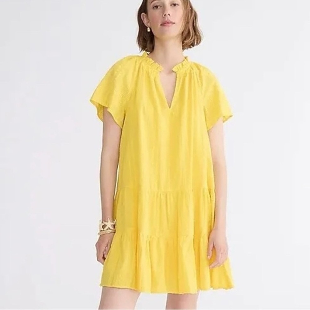 J. Crew NWT Ruffle Trim Tiered Mini Dress‎ in Dobby Cotton Yellow- Size Small